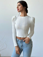 Women All-Match Casual Versatile Puff Sleeve Asymmetrical Texture Fitted White T-Shirt, Autumn